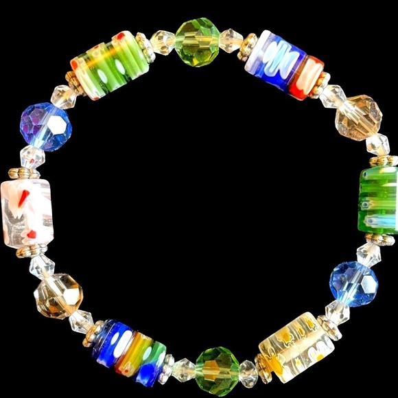 Stretch Beaded Bracelet Embedded Flowers Silver Accents Multicolor OS Colorful - Picture 7 of 11